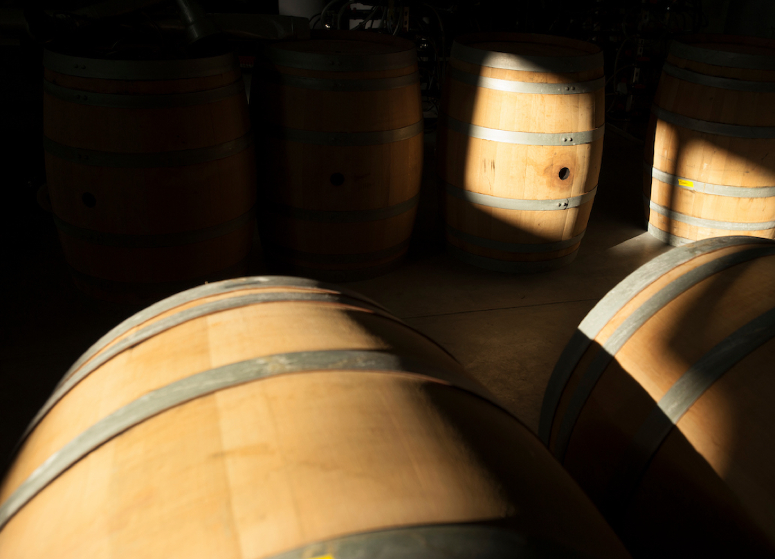 Dimly lit barrel room